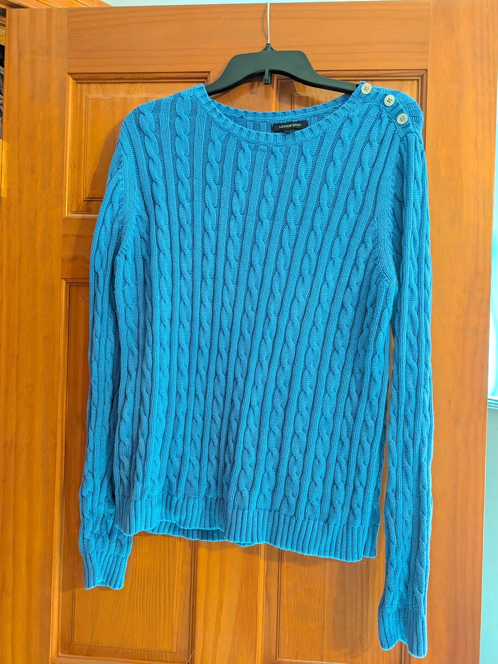 Lands End Cable Knit Button-Shoulder Sweater - Blue